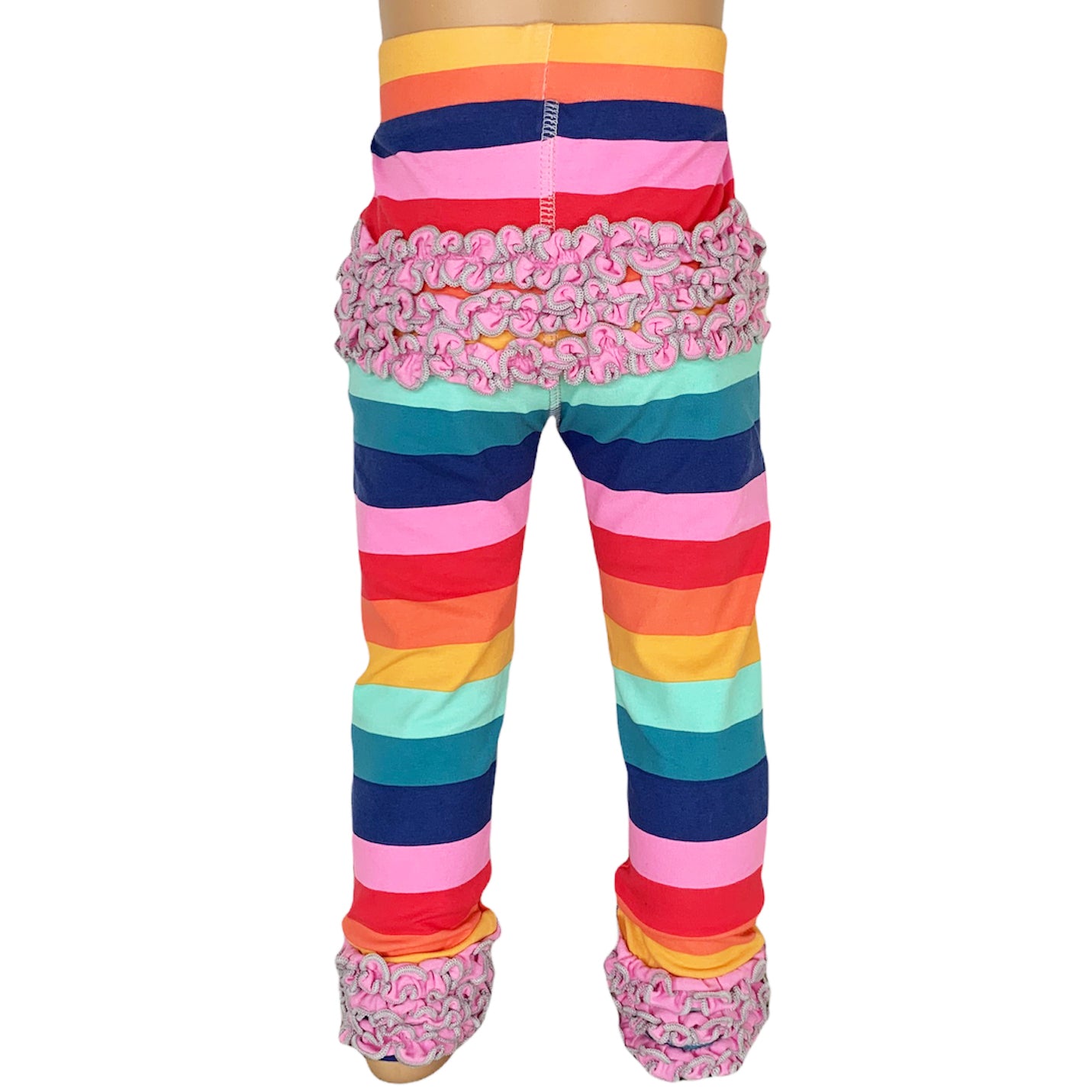 AnnLoren Rainbow Ruffle Butt Leggings for girls, featuring ruffles on the butt and ankles, made from soft Egyptian cotton.